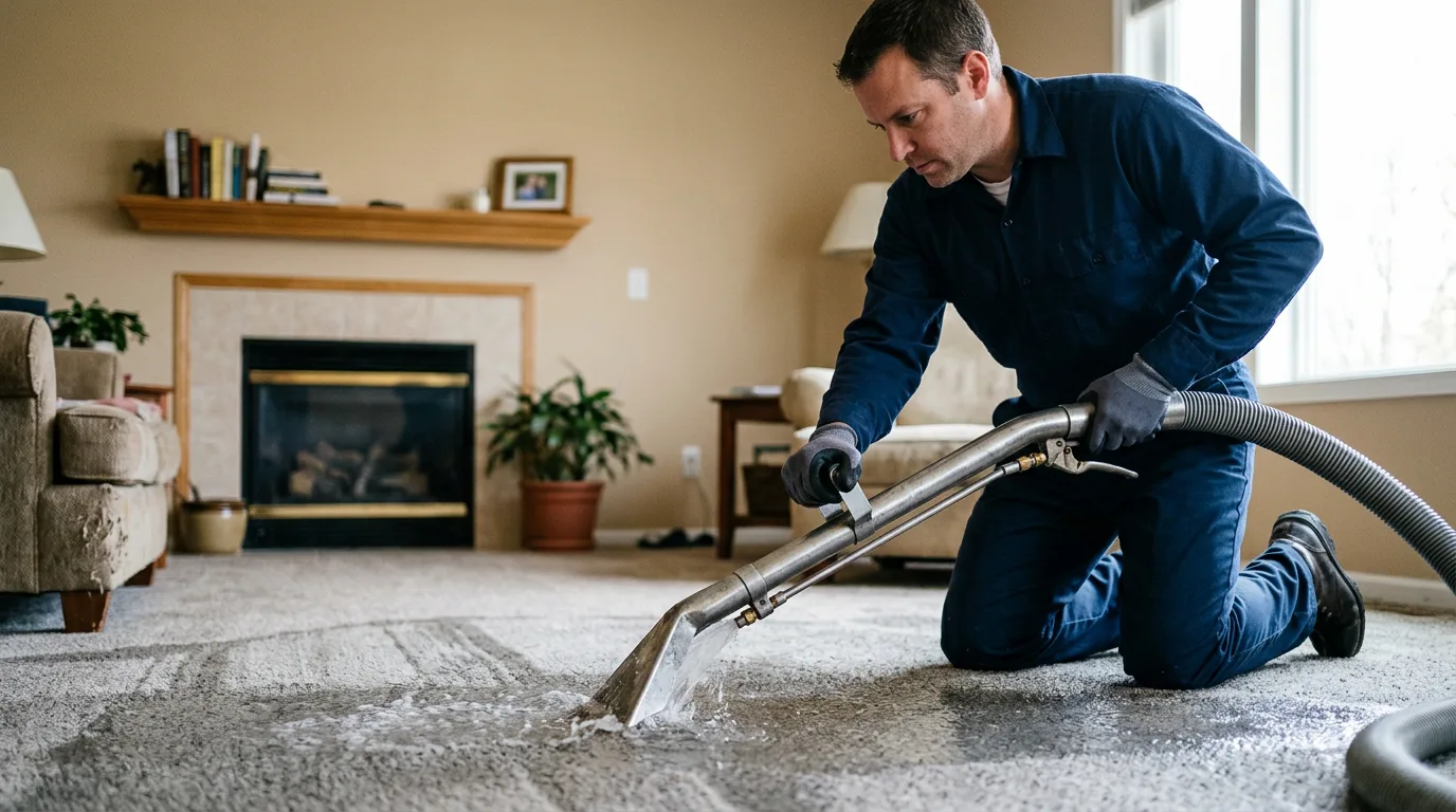 Water damage restoration technician working near Augusta, IL